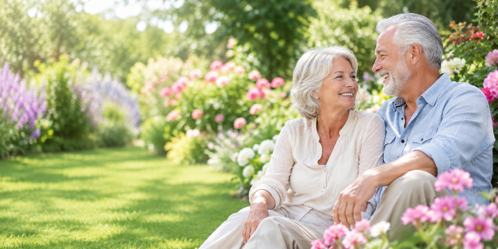 A smiling couple sitting together in a sunlit garden
